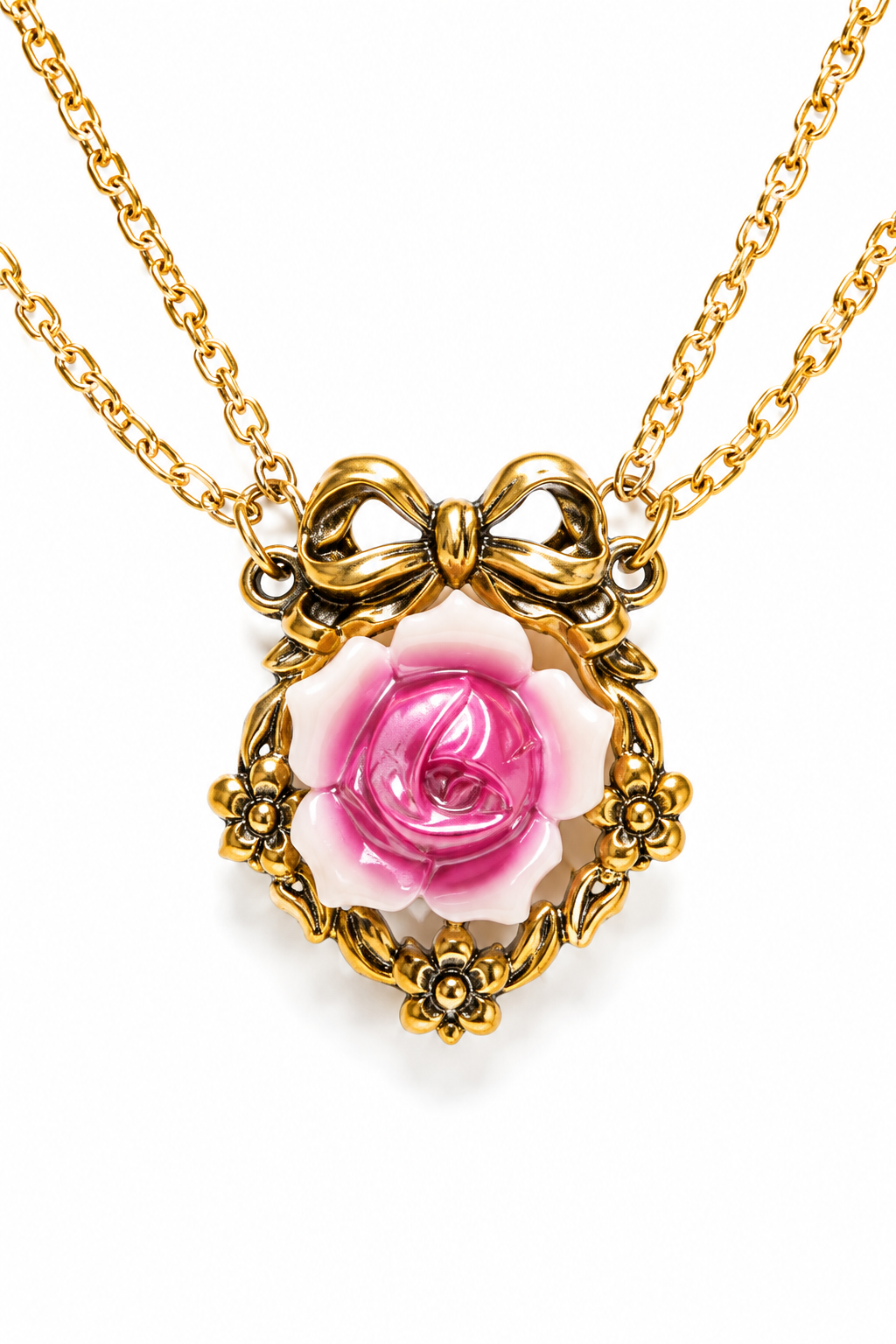 Vintage 1992 Avon Porcelain Rose Garden Necklace | Pink Rose & Gold Tone Bow Pendant β 18β
