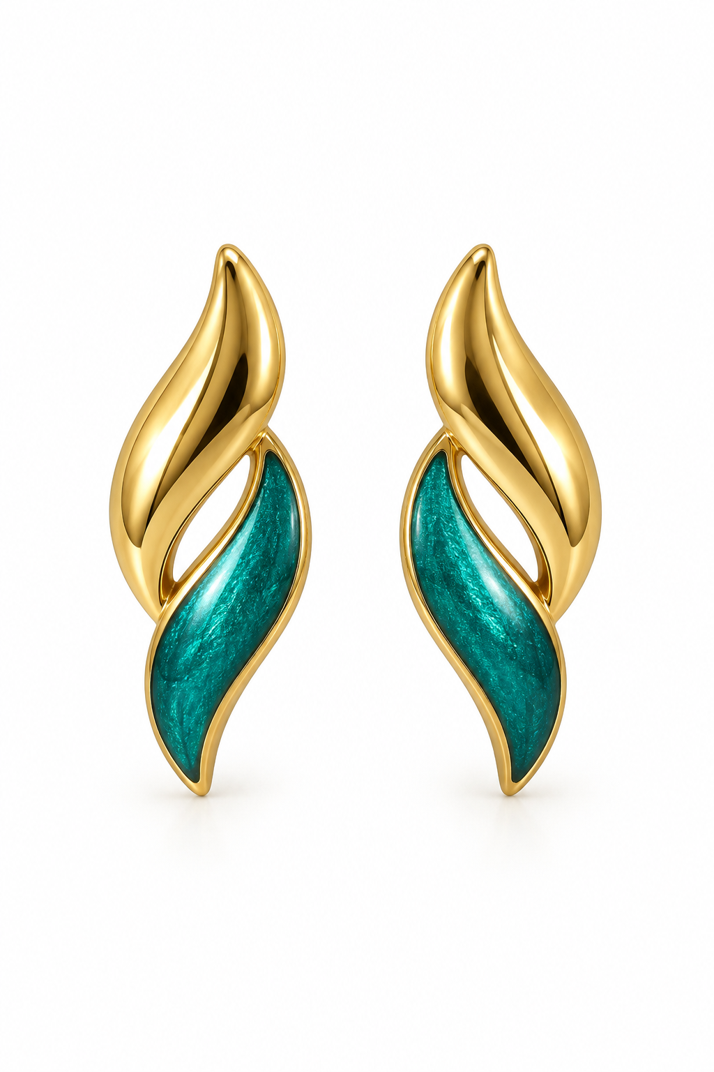 Vintage 1980s Gold-Tone Green Enamel Leaf Stud Earrings