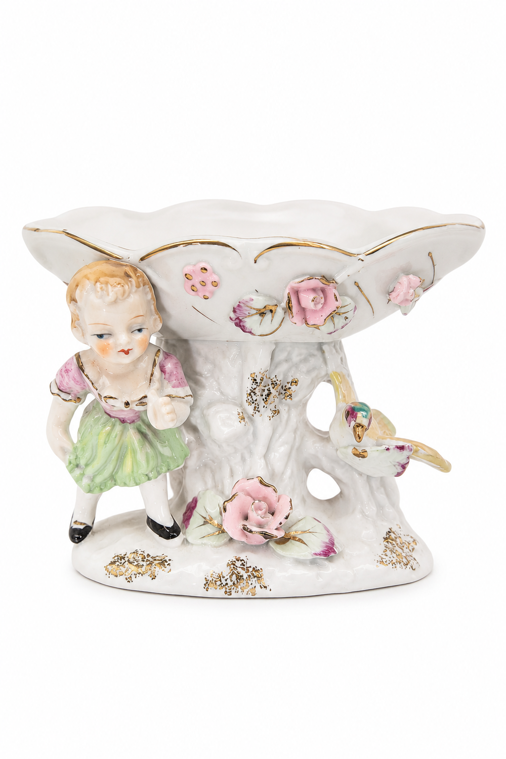 Vintage 1940s–1950s Porcelain Child & Bird Soap Dish | Floral Trinket Dish