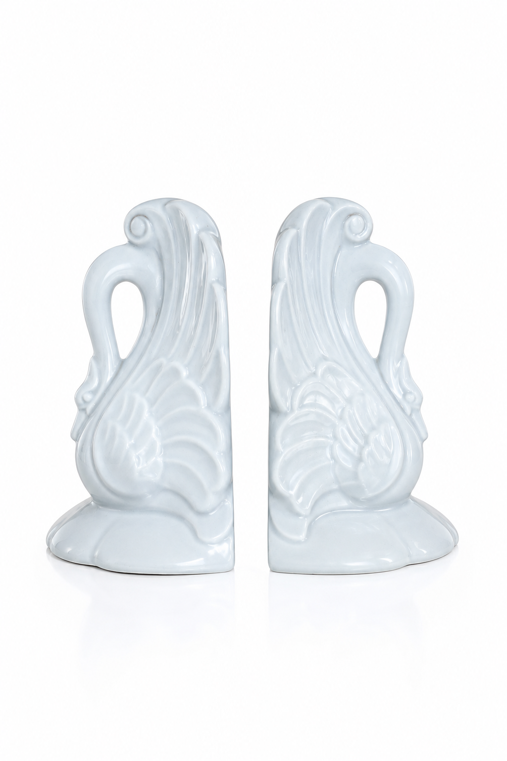 Vintage French Blue Ceramic Swan Bookends – Elegant Romantic Swan Bookend Set of Two