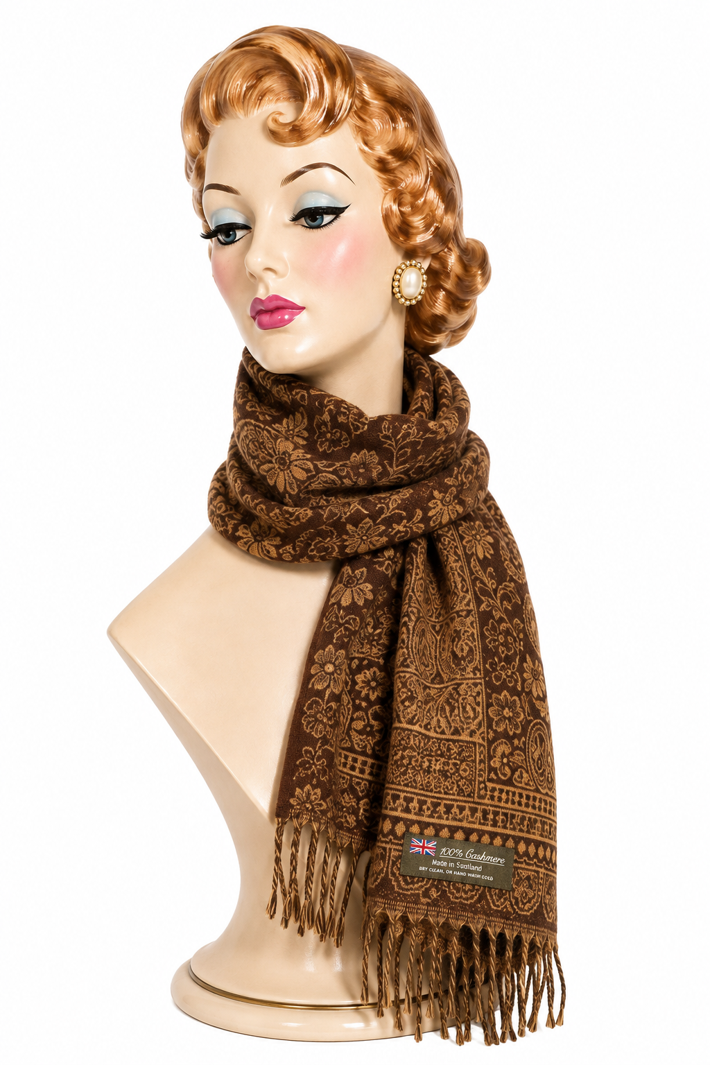 100% Cashmere Brown Floral Paisley Scarf | Made in Scotland