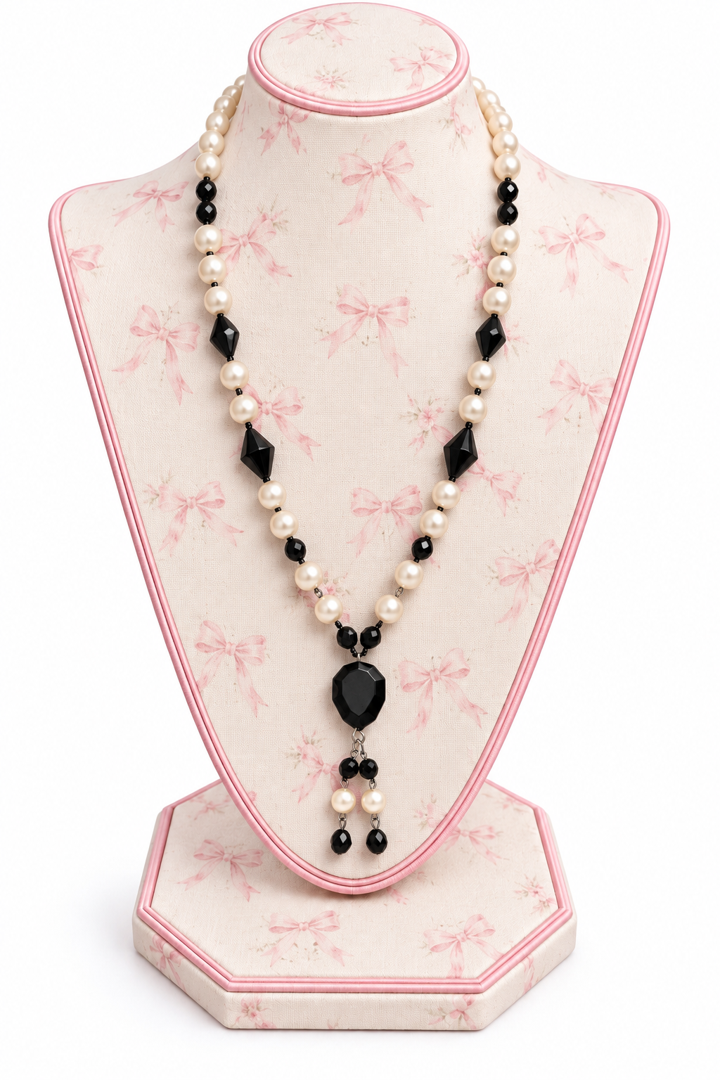 Vintage 1980s Sterling Silver Black Onyx & Faux Pearl Y-Necklace – Ornate S-Hook Clasp – 23”