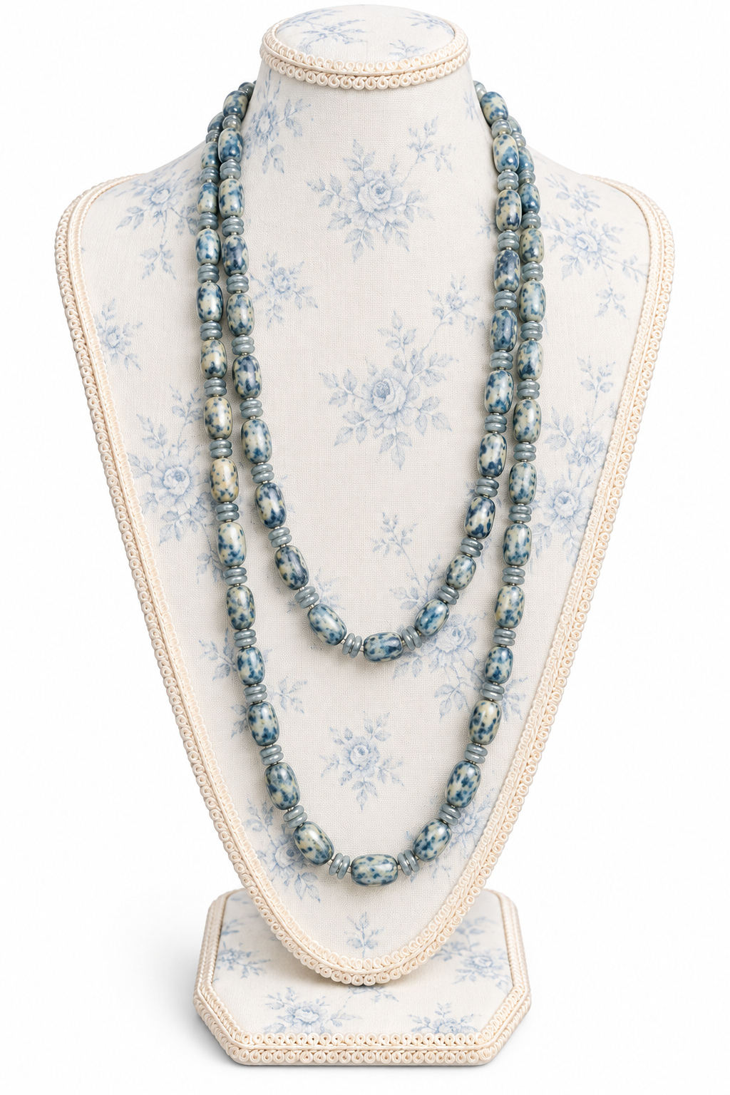 Vintage Blue & Ivory Speckled Beaded Necklace | Long Double-Layer Retro Statement Jewelry