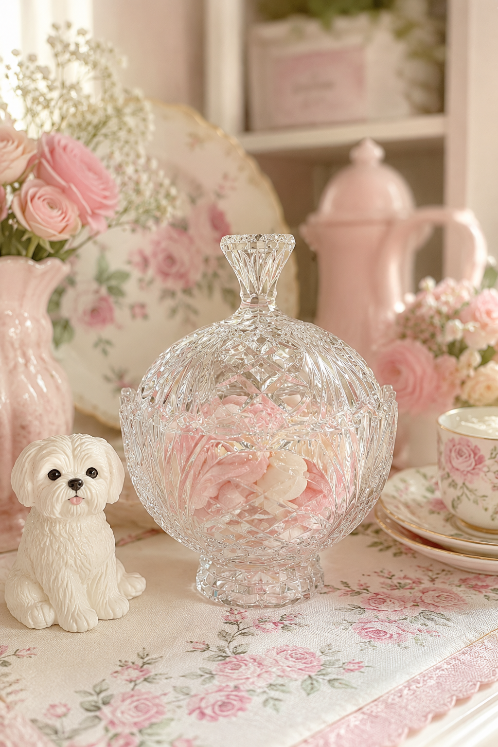 1990’s vintage 24% lead cut crystal covered candy dish by Fifth Avenue Crystal Ltd