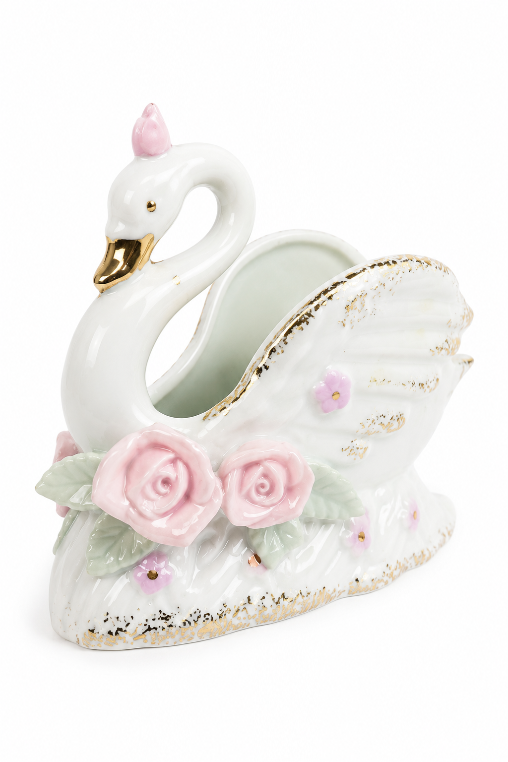 Vintage 1950s–1960s Bone China Swan Figurine Trinket Dish | Pink Porcelain Roses | Gold Gilt | Made in Japan