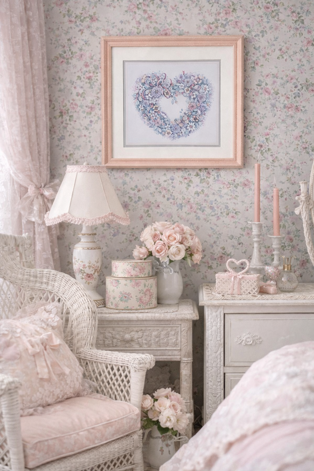 “Petit Jardin Romantique” Pink Floral Heart Shabby Chic vintage Framed Wall Art