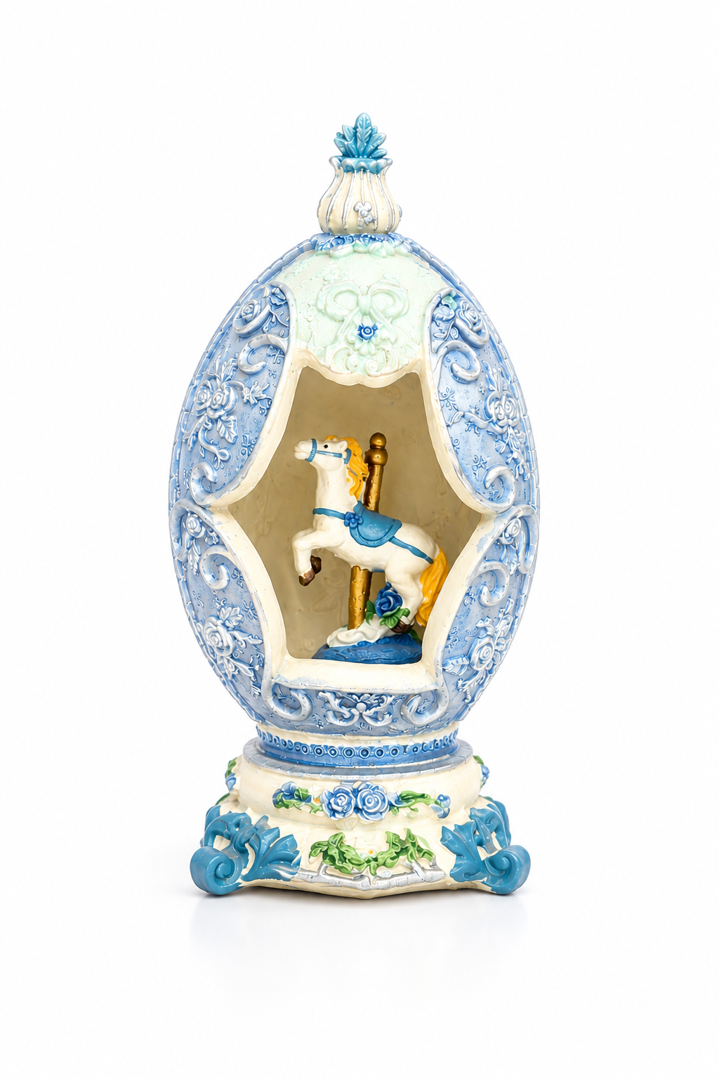Vintage 1990s K’s Collection Carousel Horse Ornamental Egg Figurine – Blue & White Victorian Style Décor