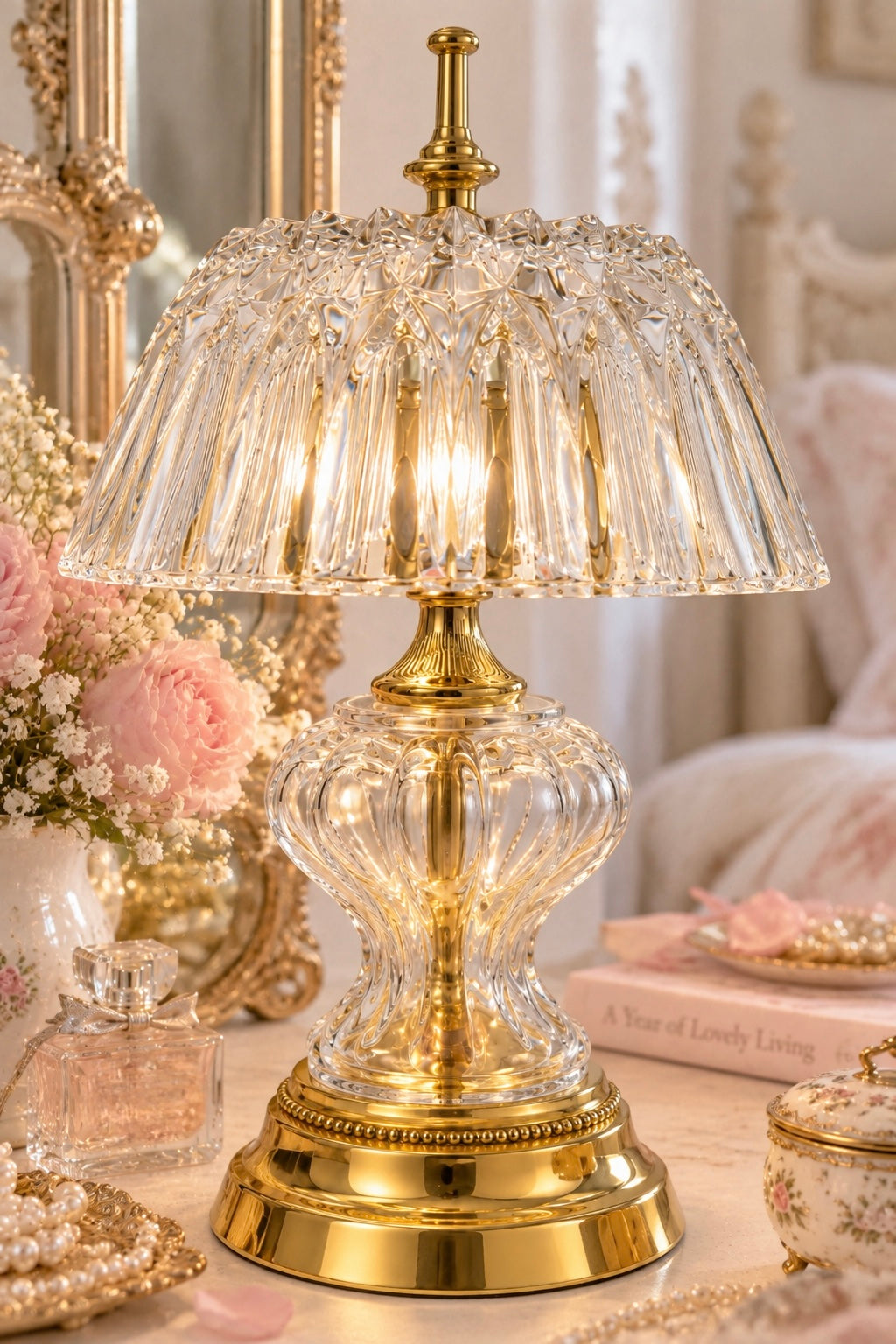 Vintage Crystal & Gold Table Lamp | Elegant Hollywood Regency Accent Lamp