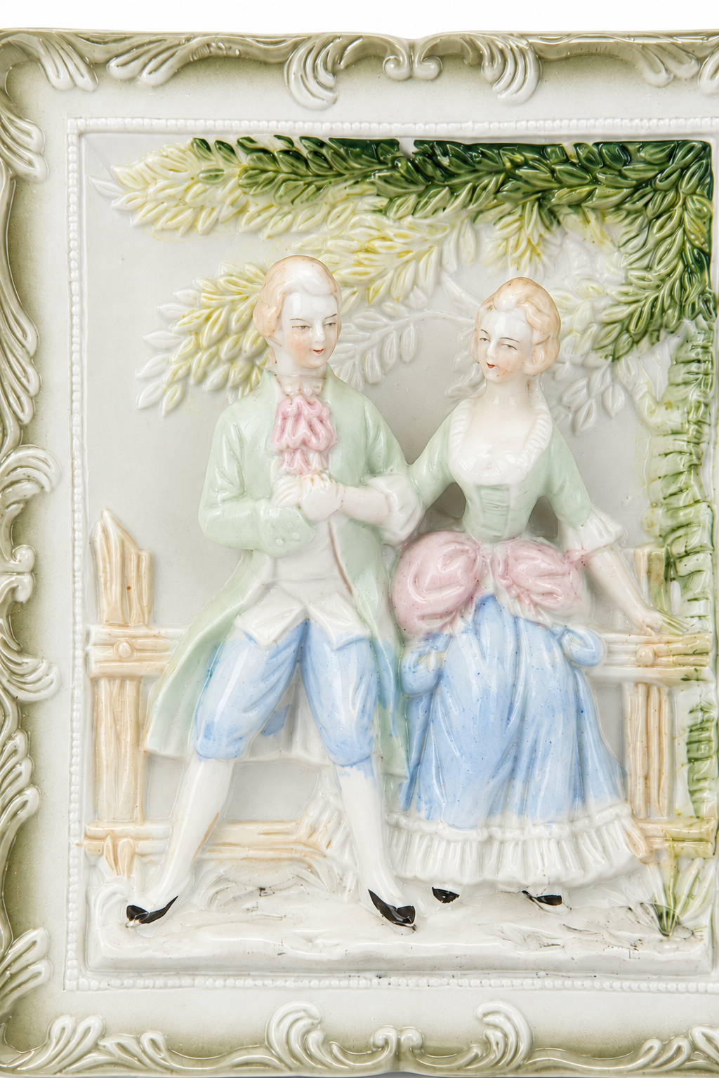 Antique 1945–1949 Chase Bisque Plaque | Victorian Courting Couple Wall Hanging | Romantic Relief Porcelain Art | Cottagecore Rococo Décor