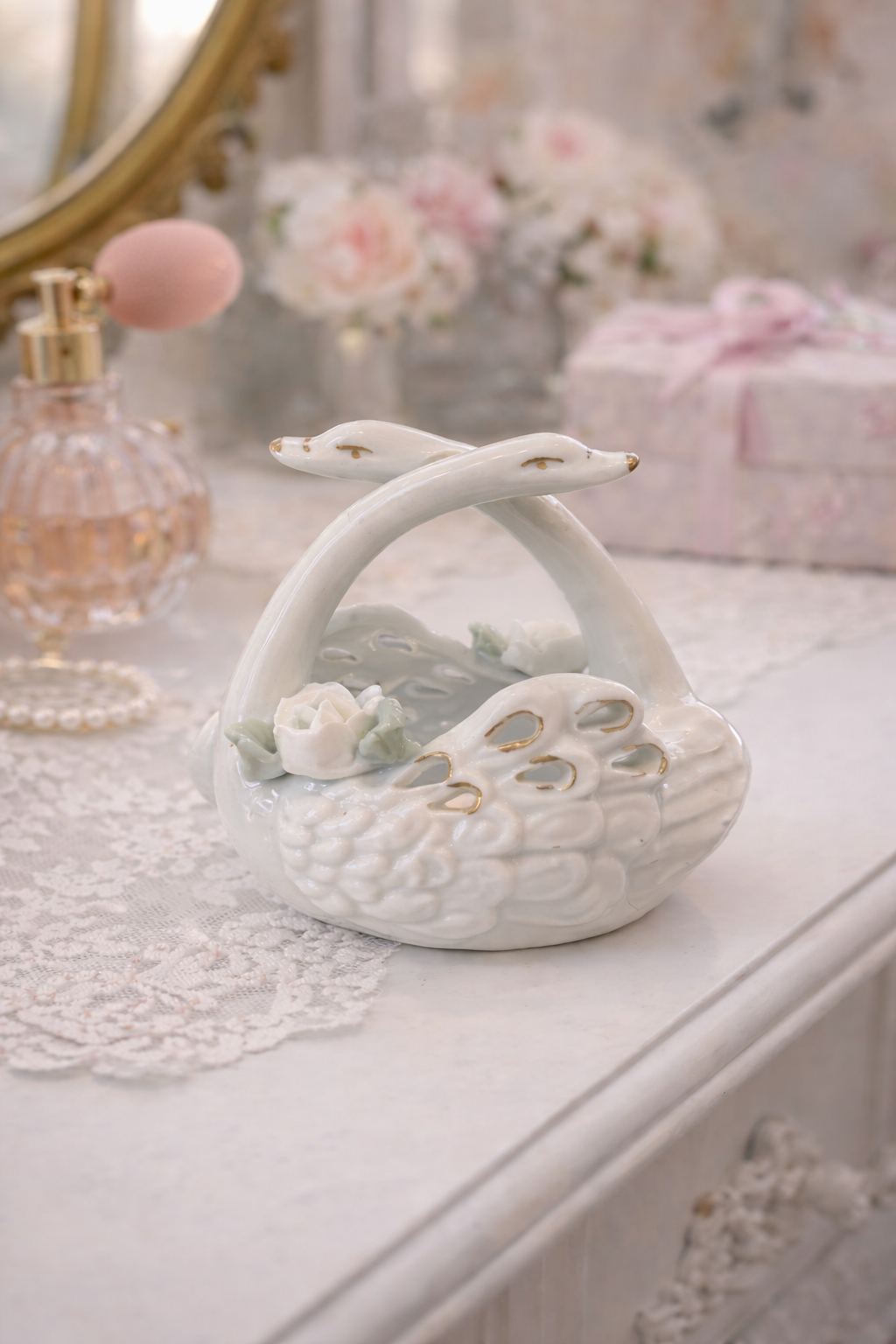 Vintage White Swan Trinket Dish | Porcelain Swan Basket