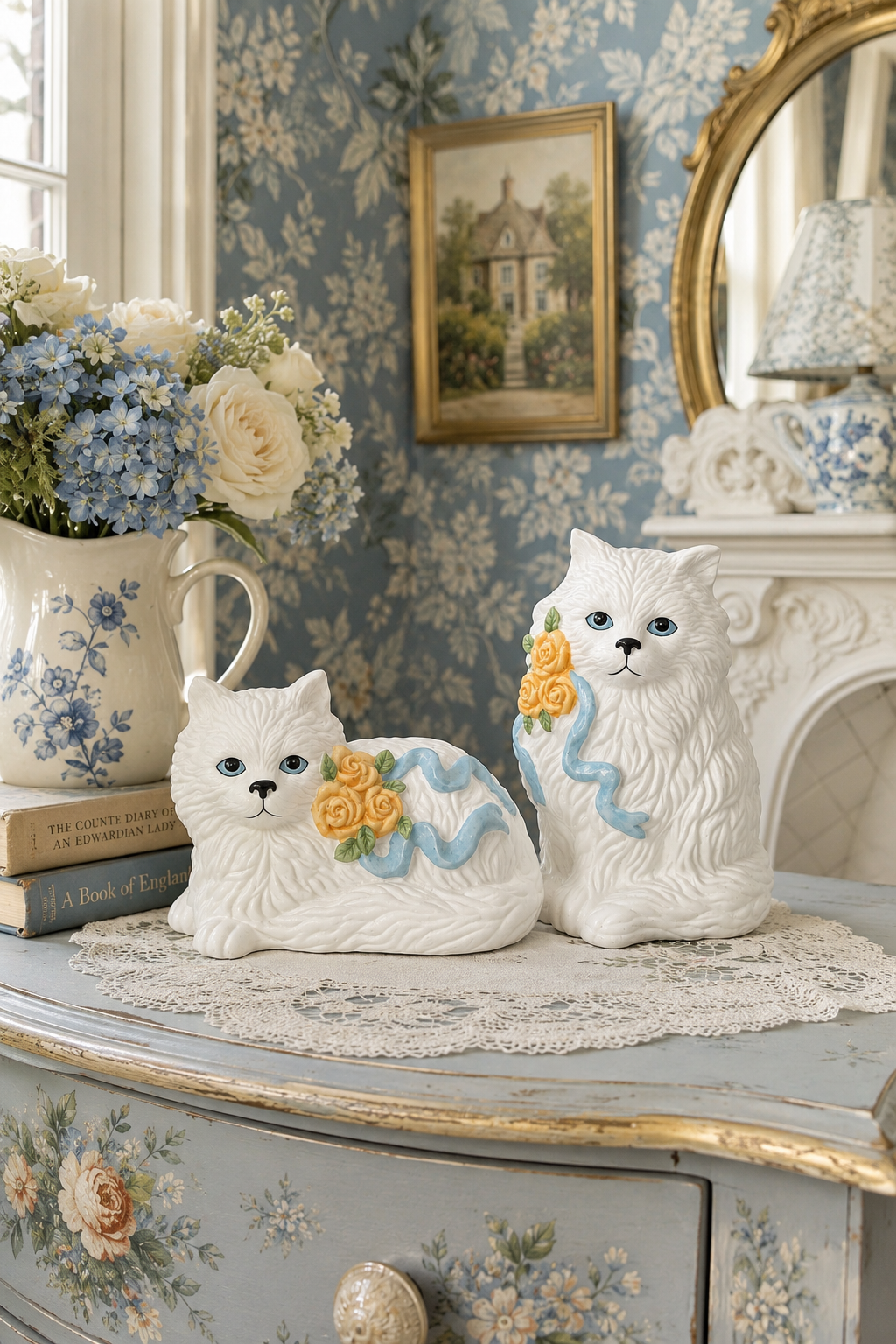 Vintage 1992 Loomco White Cat Figurines with Blue Ribbons & Yellow Roses – Set of 2