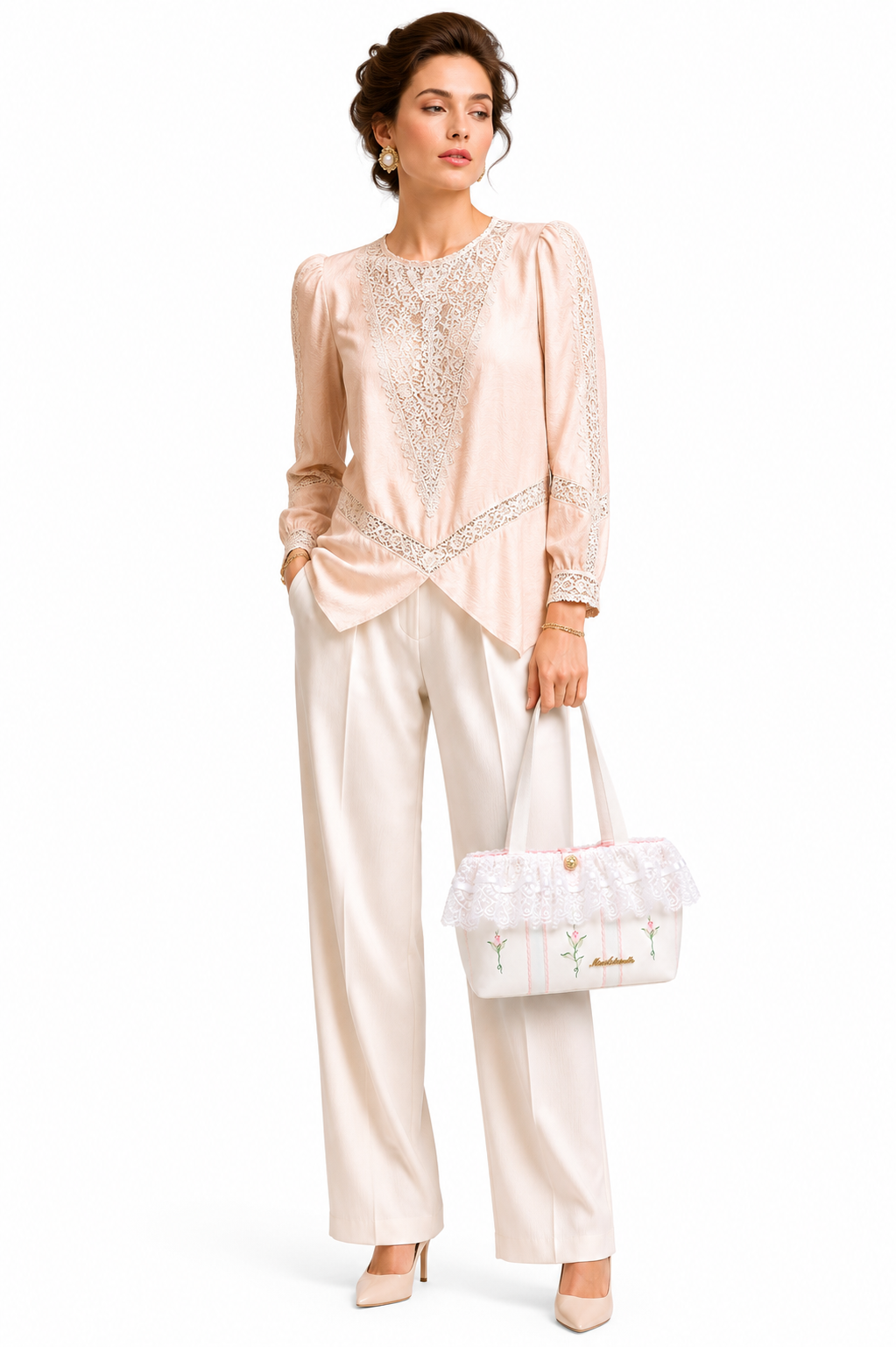 Vintage 1980s Romantic Lace Blouse Top | Soft Blush Pink Secretary Style Top (Size L)