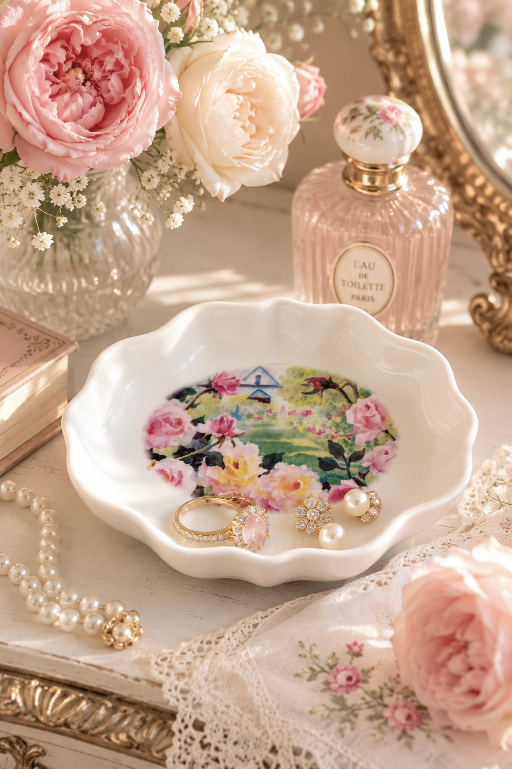 Vintage Floral Porcelain Trinket Dish | Romantic Rose Garden Jewelry Dish | Cottagecore Decor