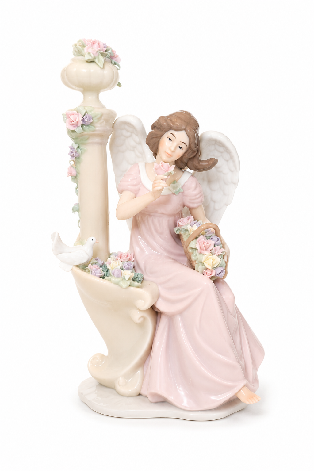 2000s Member’s Mark Angel Figurine with Dove | Porcelain Heavenly Decor, Pastel Floral, 13.5” Vintage Angel Statue