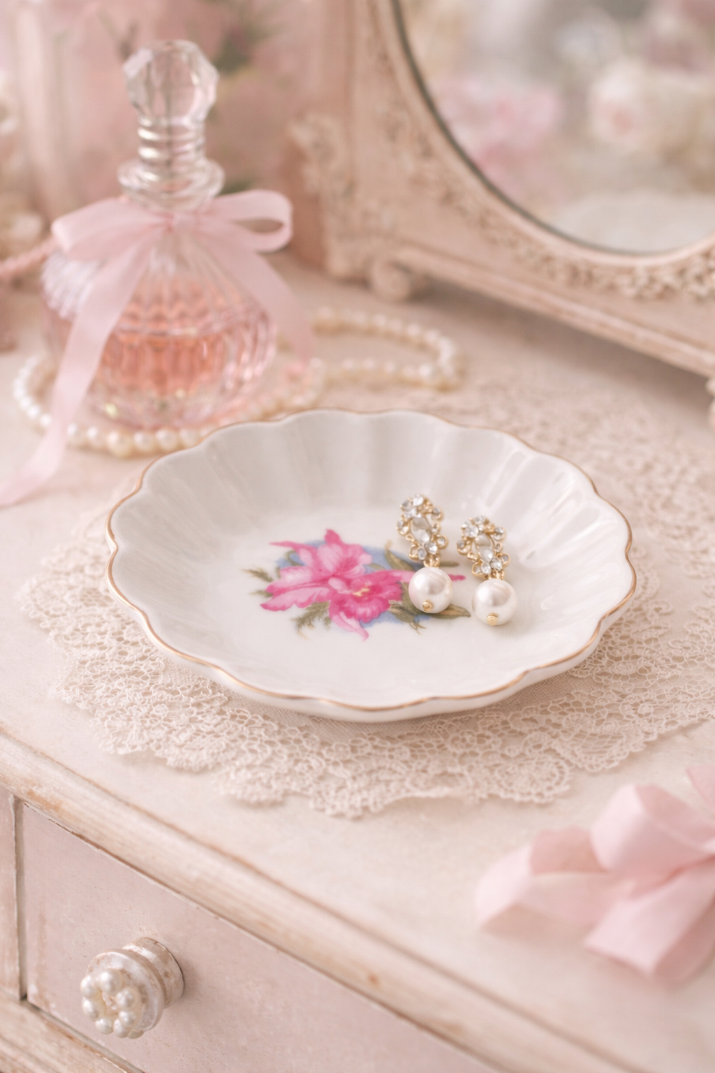 Petite Pink Floral Jewelry Dish / Vintage Style Ring Plate | 4.5” Trinket Holder