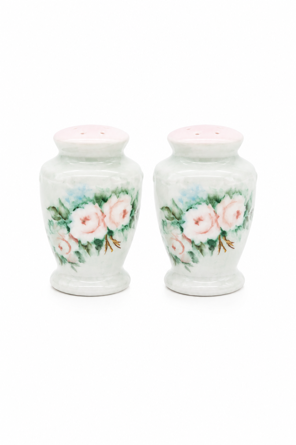 Antique 1900s Hand-Painted Porcelain Salt & Pepper Shakers | Pink Rose Floral Set | Cottagecore Dining Décor