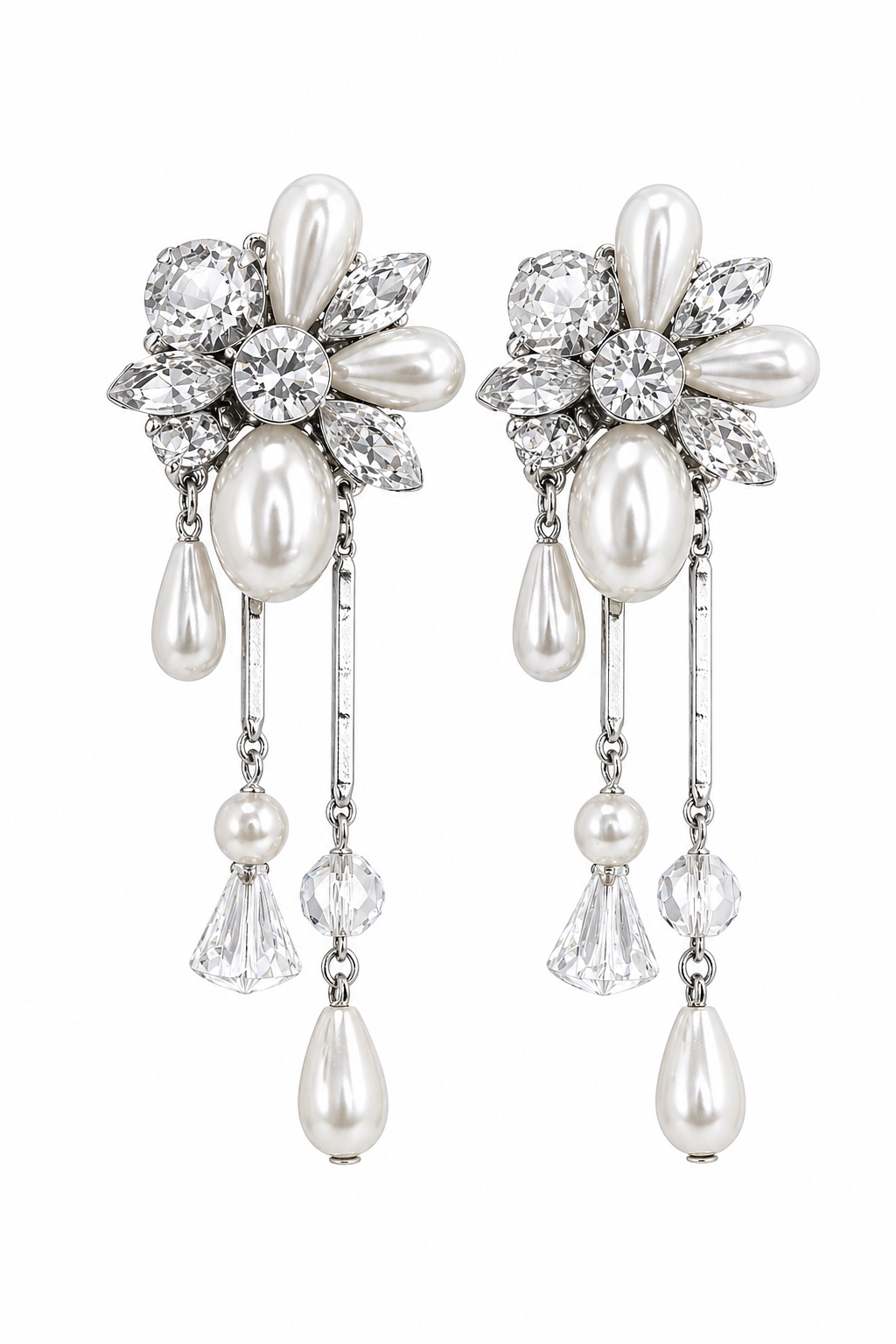 Vintage Pearl & Crystal Floral Statement Dangle Stud Earrings | Silver Tone