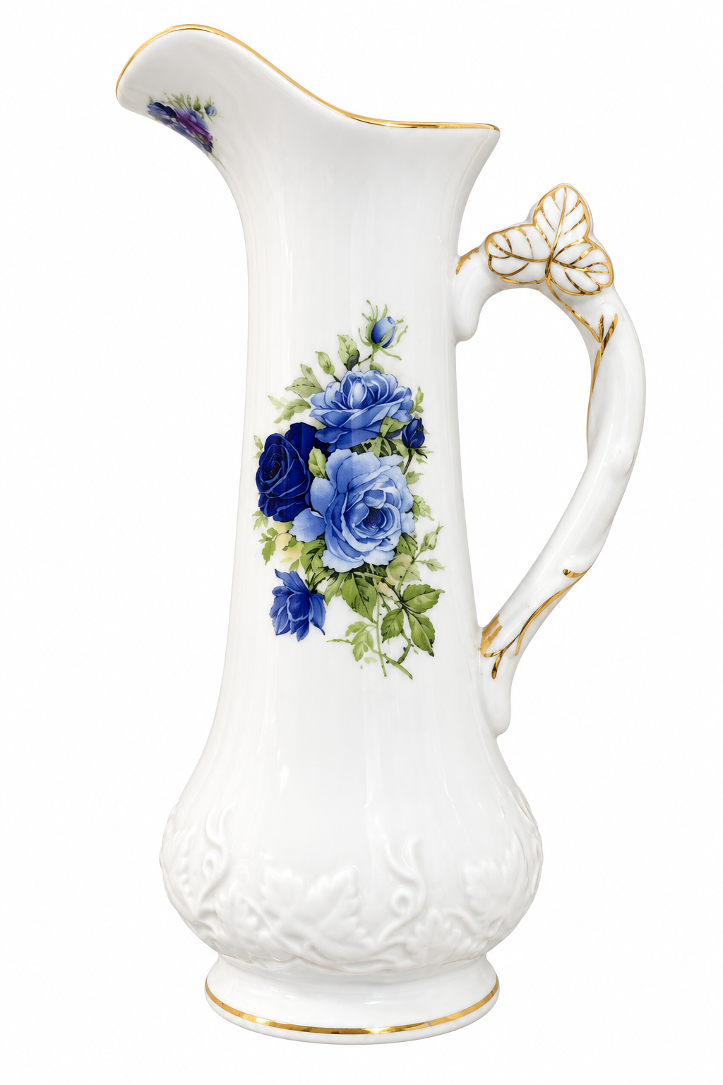 Vintage 1980s–1990s Formalities by Baum Bros Blue Victorian Rose Porcelain Pitcher with Gold Trim – 10”