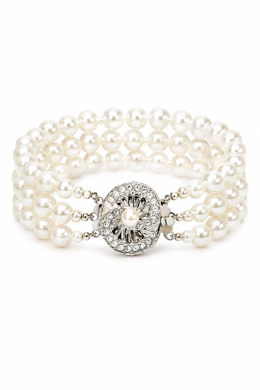 Vintage 1950s Three-Strand Faux Pearl Bracelet – Rhinestone Swirl Box Clasp Bridal Jewelry