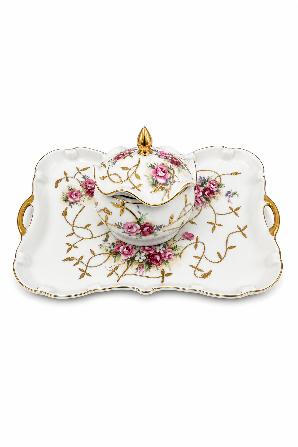 Antique 1900s–1920s PORCELLANFABRIK KALK GmbH German Porcelain Vanity Dresser Set | Floral Tray & Lidded Trinket Box Set
