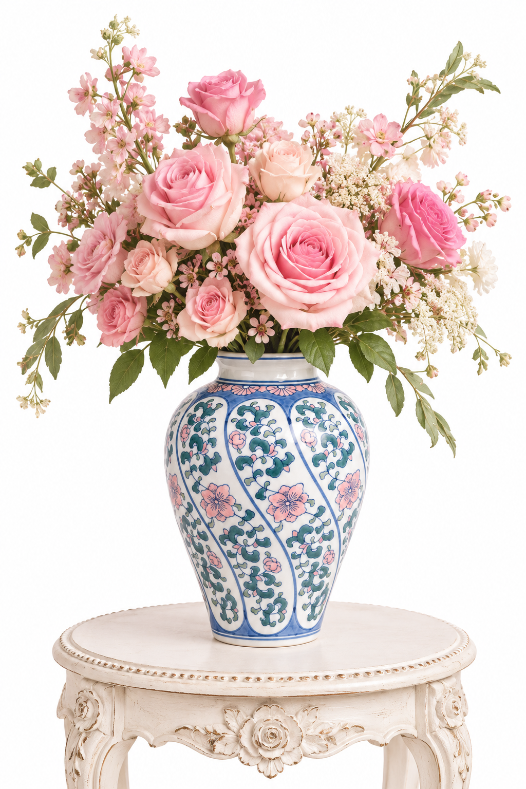 Vintage Chinoiserie Floral Porcelain Vase | Blue & Pink Botanical Design