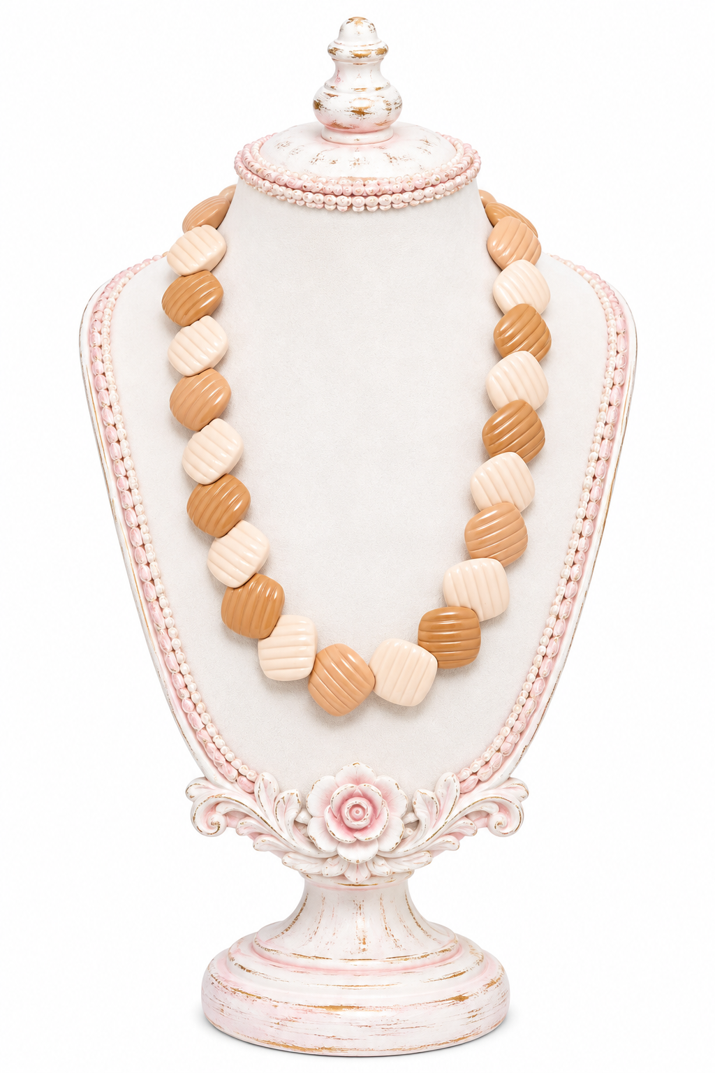Vintage 1985 Avon “Summer Sands” Peach & Cream Ribbed Beaded Necklace | Retro 1980s Statement Jewelry