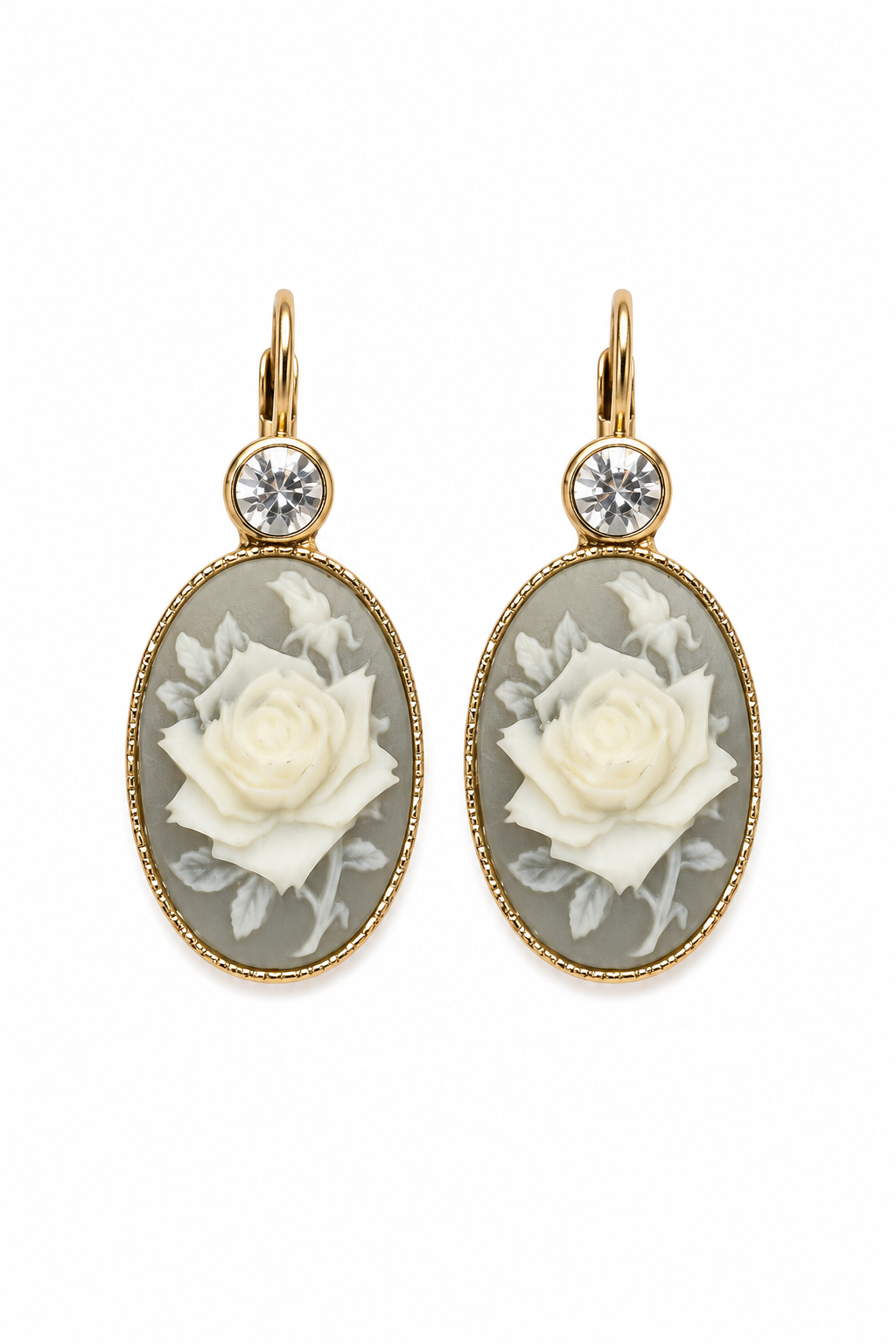 Vintage 1980s Nina Ricci for Avon White Rose Cameo Rhinestone Gold-Tone Drop Earrings