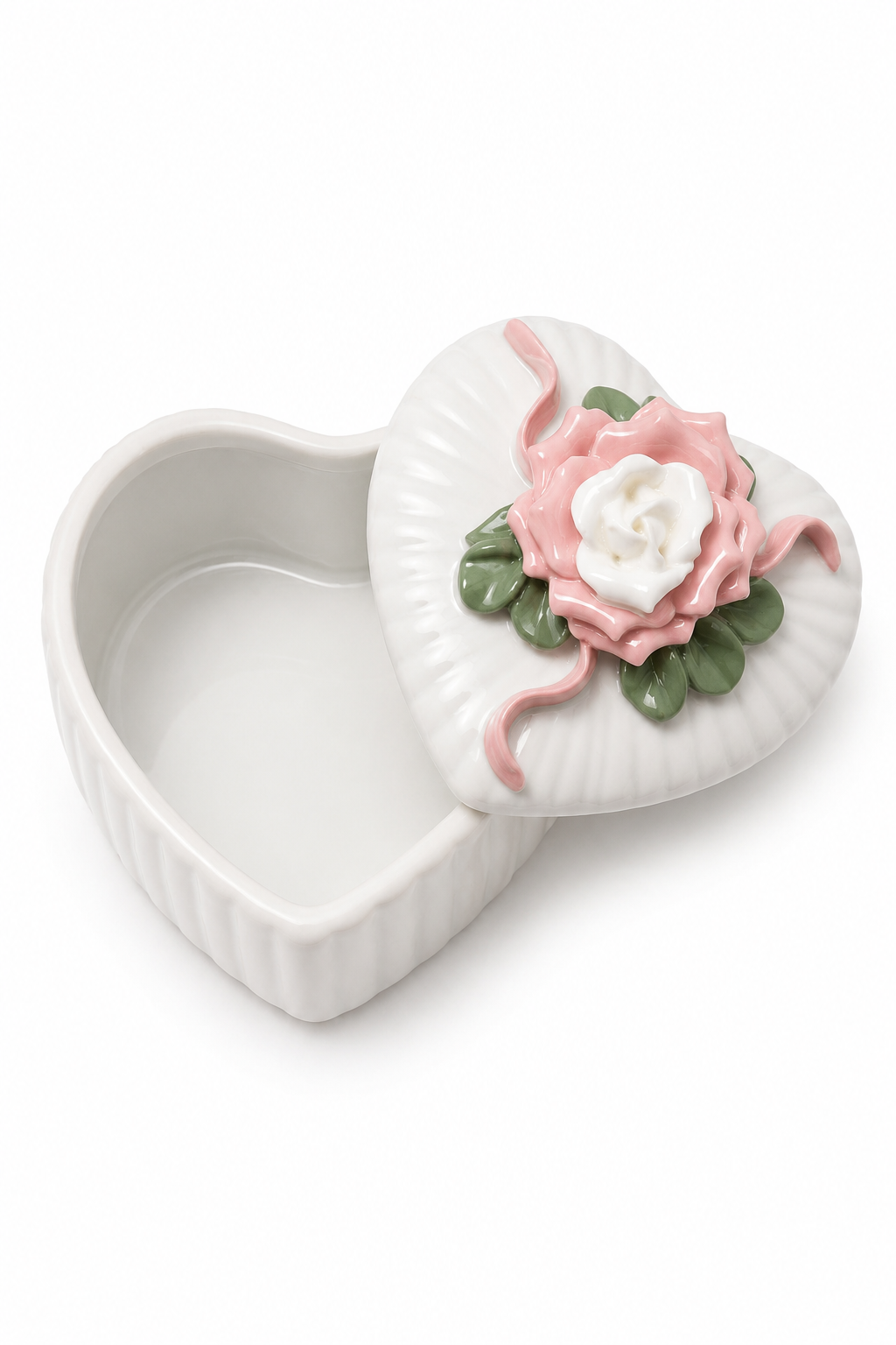 1970s–1980s Heart-Shaped Ceramic Trinket Box with 3D Rose & Ribbon | Romantic Vanity Box