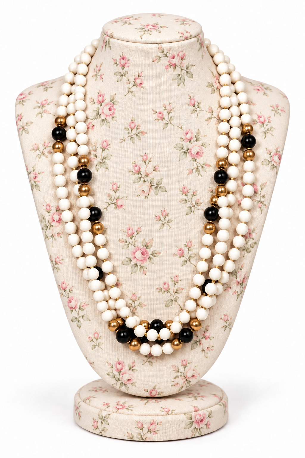 Vintage 1980s Shabby Chic Faux Pearl Cascading Layered Necklace by Alabaster, Black and Gold Tone Accents