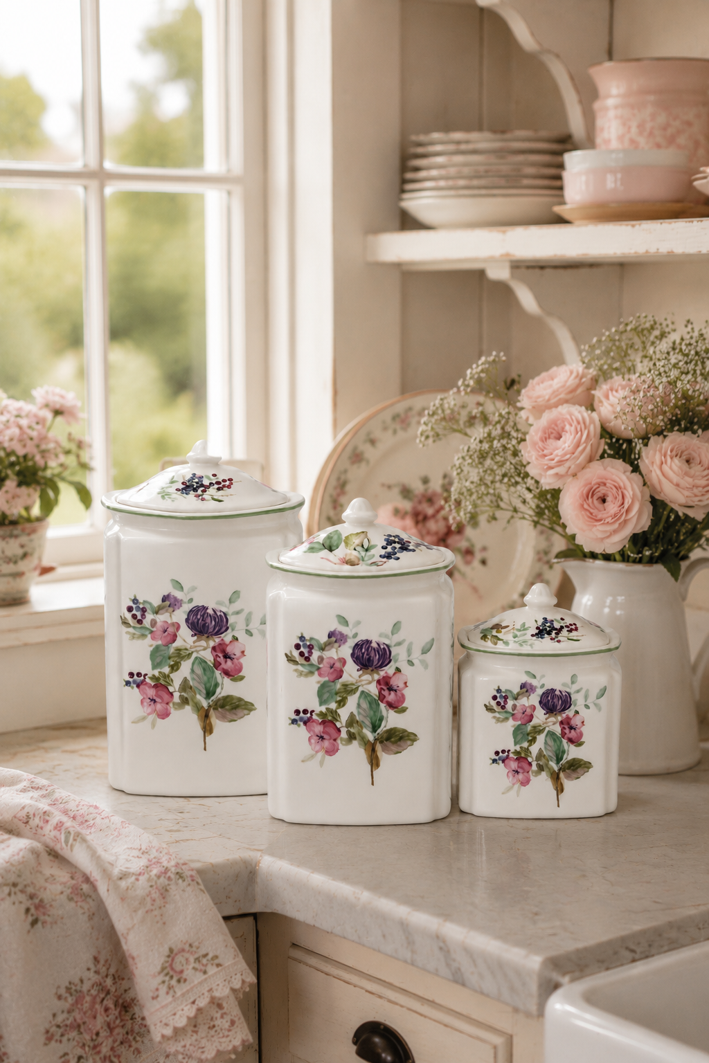 Vintage Charter Club Home Wildflower Canister Set | Set of 3 Ceramic Kitchen Canisters | 1999 Floral Cottage Decor