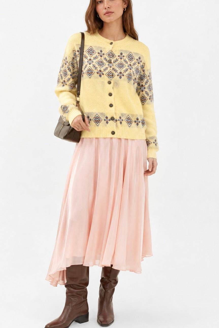 Vintage Woolrich Butter Yellow Fair Isle Knit Cardigan Sweater – Size 38 M/L