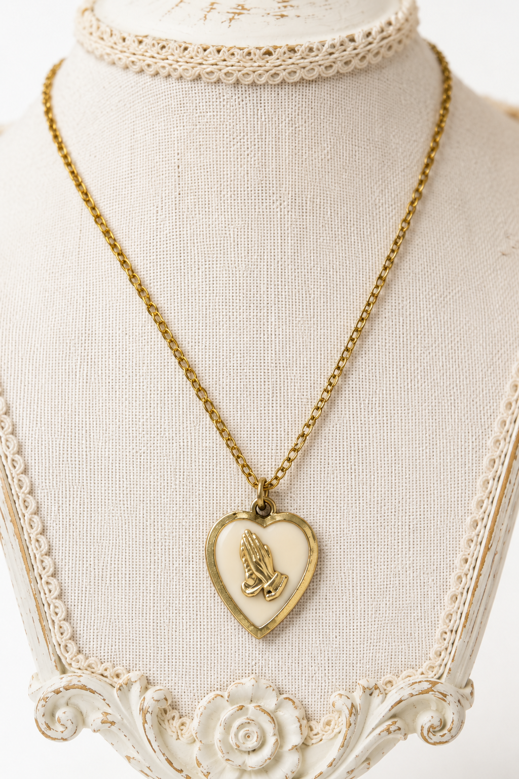 Vintage 1970s–1980s Gold Tone Praying Hands Heart Necklace | Cream Enamel Heart Pendant | Religious Devotional Jewelry | Faith-Inspired Vintage Necklace