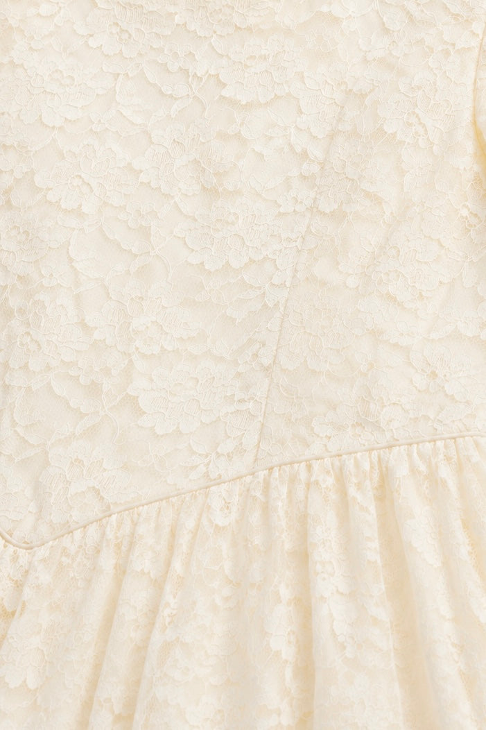 Vintage 1980s Ivory Floral Lace Bridal Gown Puff Sleeve High Low Wedding Dress with Train XS/S
