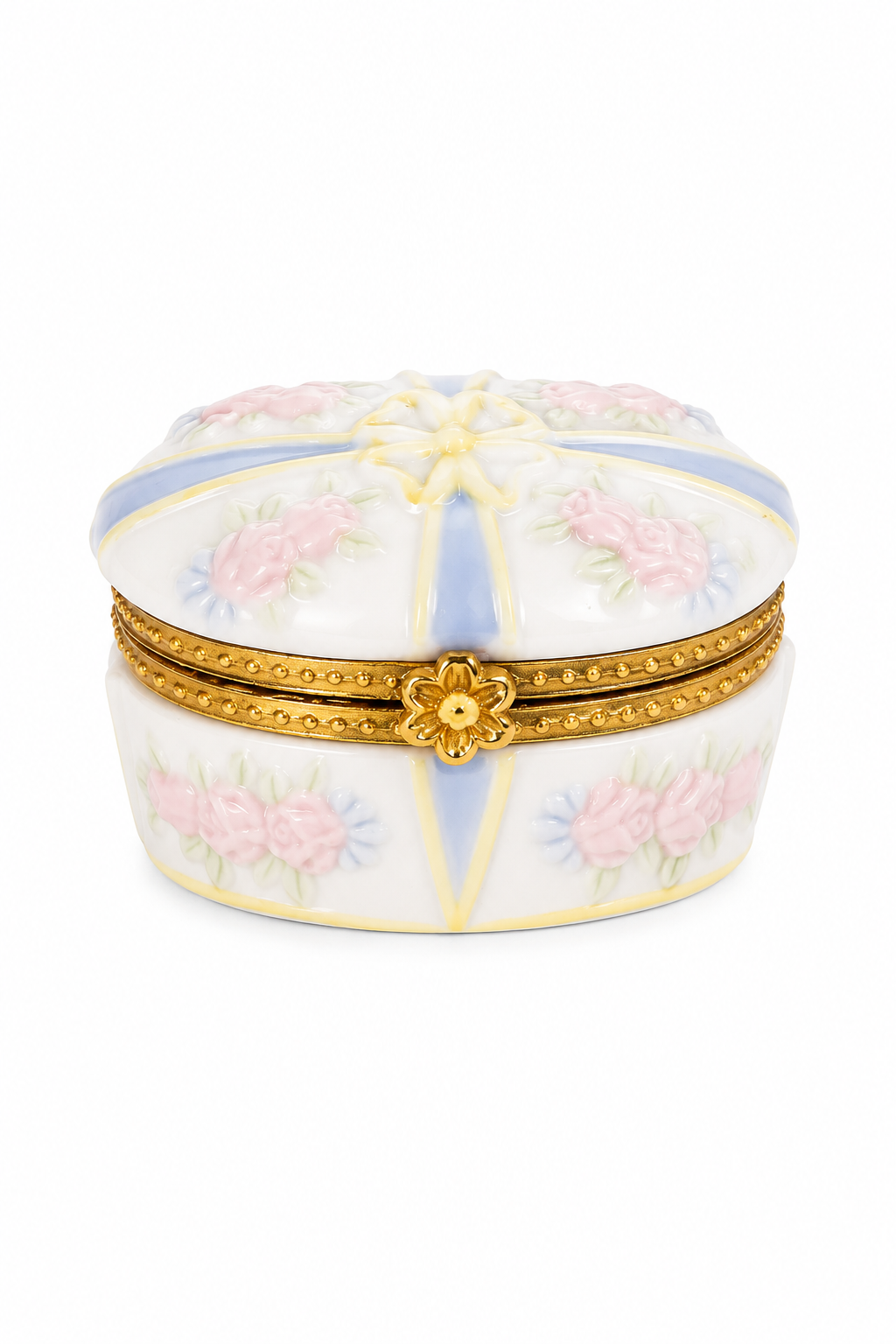 Vintage Floral Porcelain Trinket Box with Lid | Pastel Roses & Blue Ribbon | Jewelry Box | Cottagecore Decor