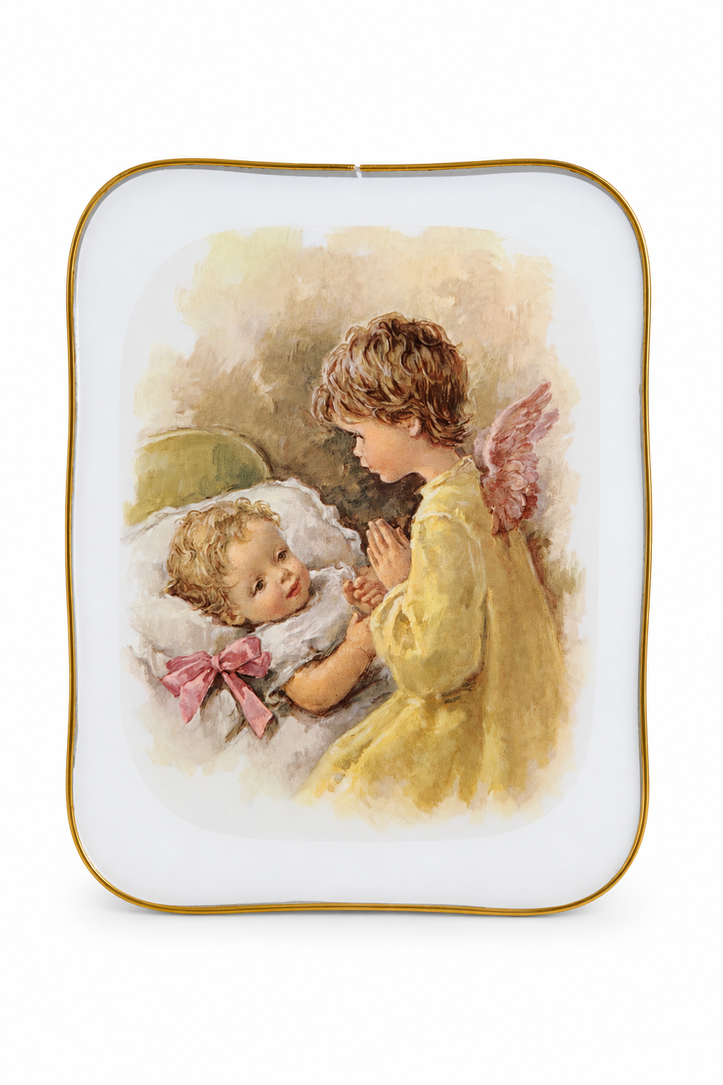 Vintage Guardian Angel Convex Bubble Glass Framed Print | Mid-Century Religious Wall Art | Gold Frame