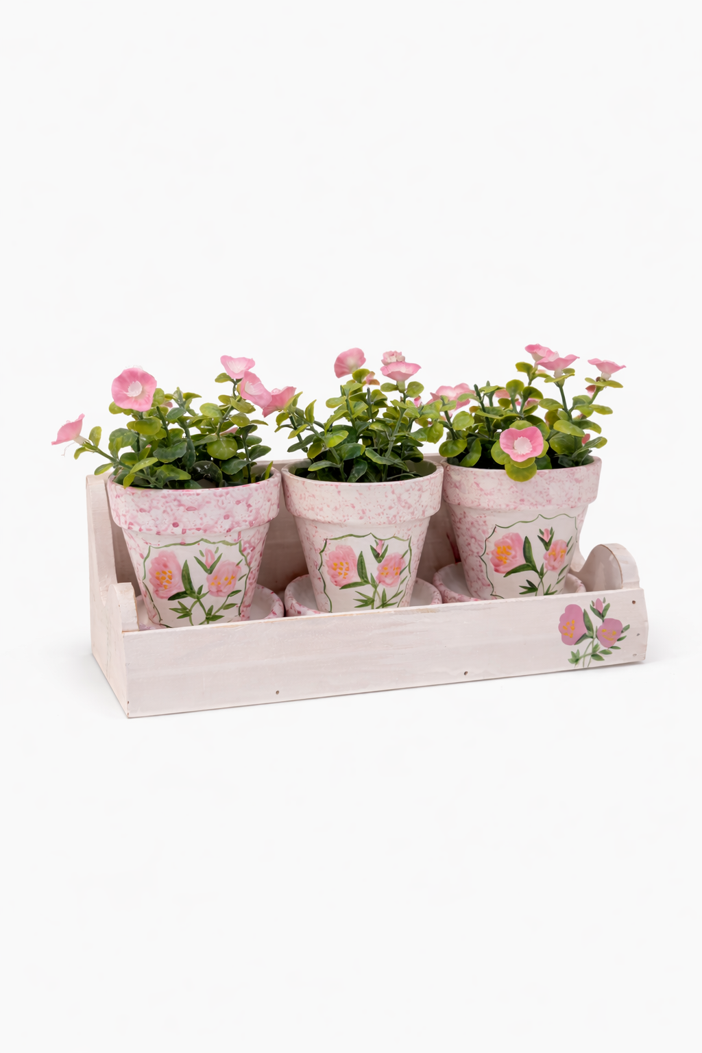 Set of 3 Floral Mini Planters with Wooden Tray | Cottage Garden Herb Pots