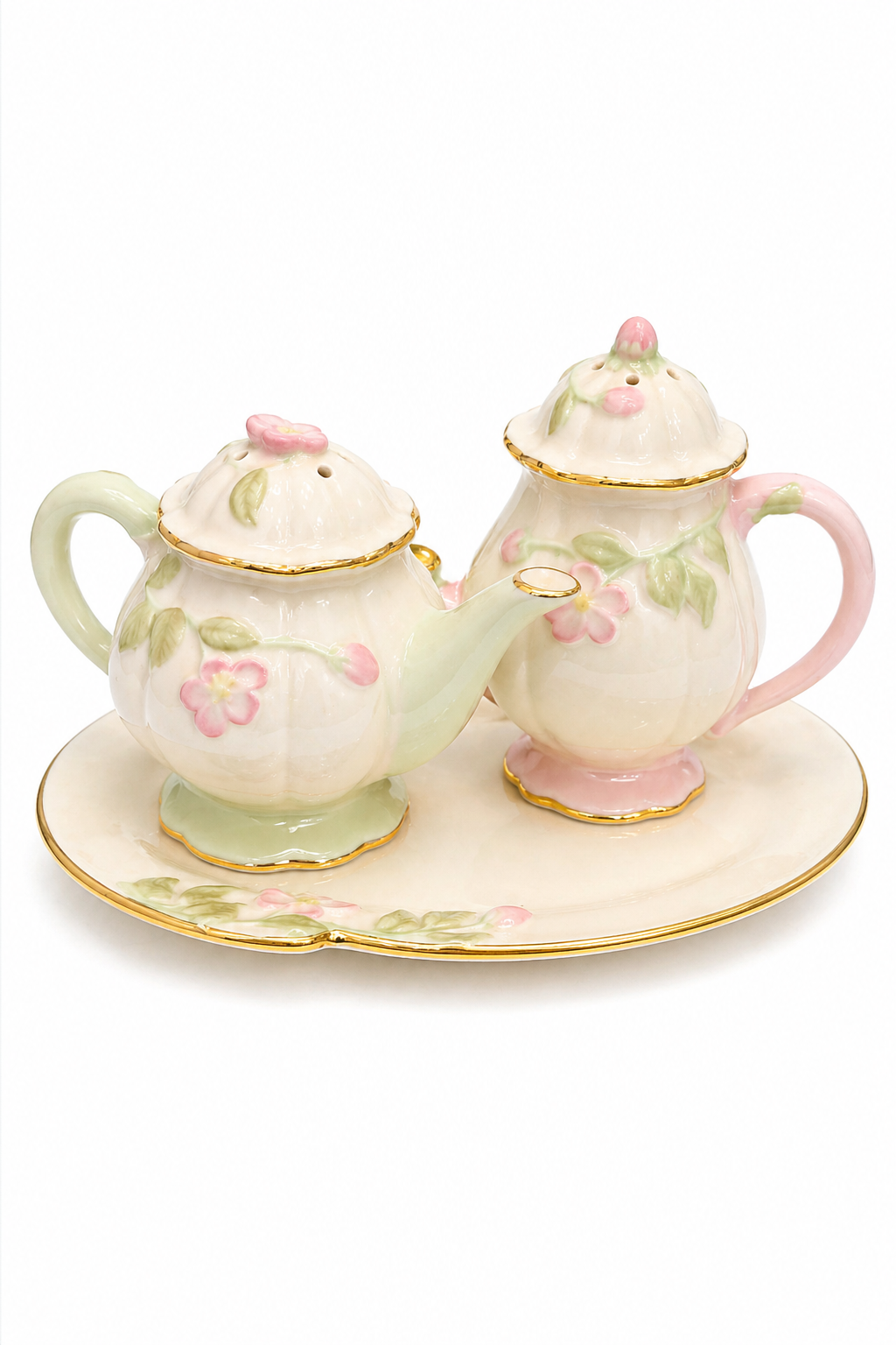 Vintage 1990s Lenox Mini Teapot Salt & Pepper Shaker Set with Tray | Floral Porcelain Kitchen Décor