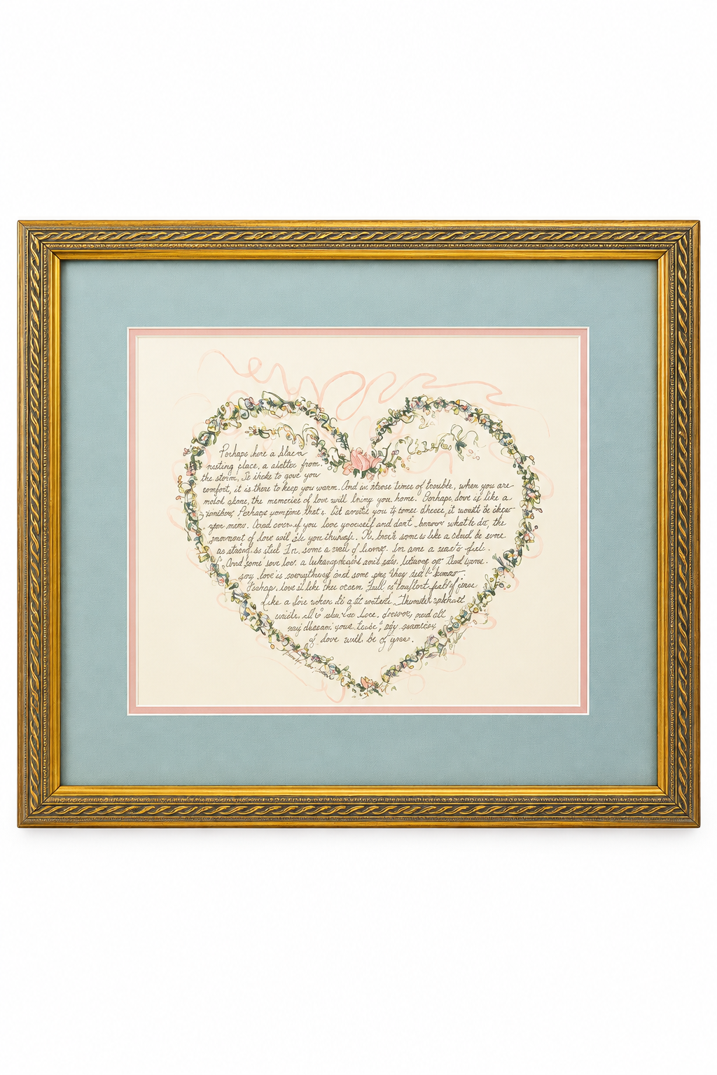 Vintage 1980s Framed Heart Love Poem Art Print | Romantic Floral Wall Décor
