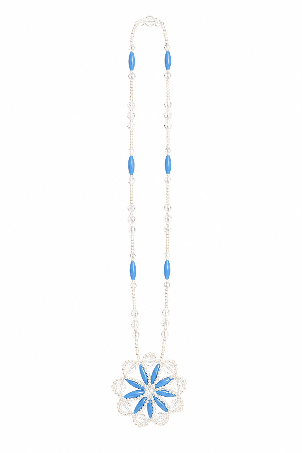 1970s Vintage Blue & Crystal Beaded Pendant Necklace | Floral Statement Necklace | 26” Long