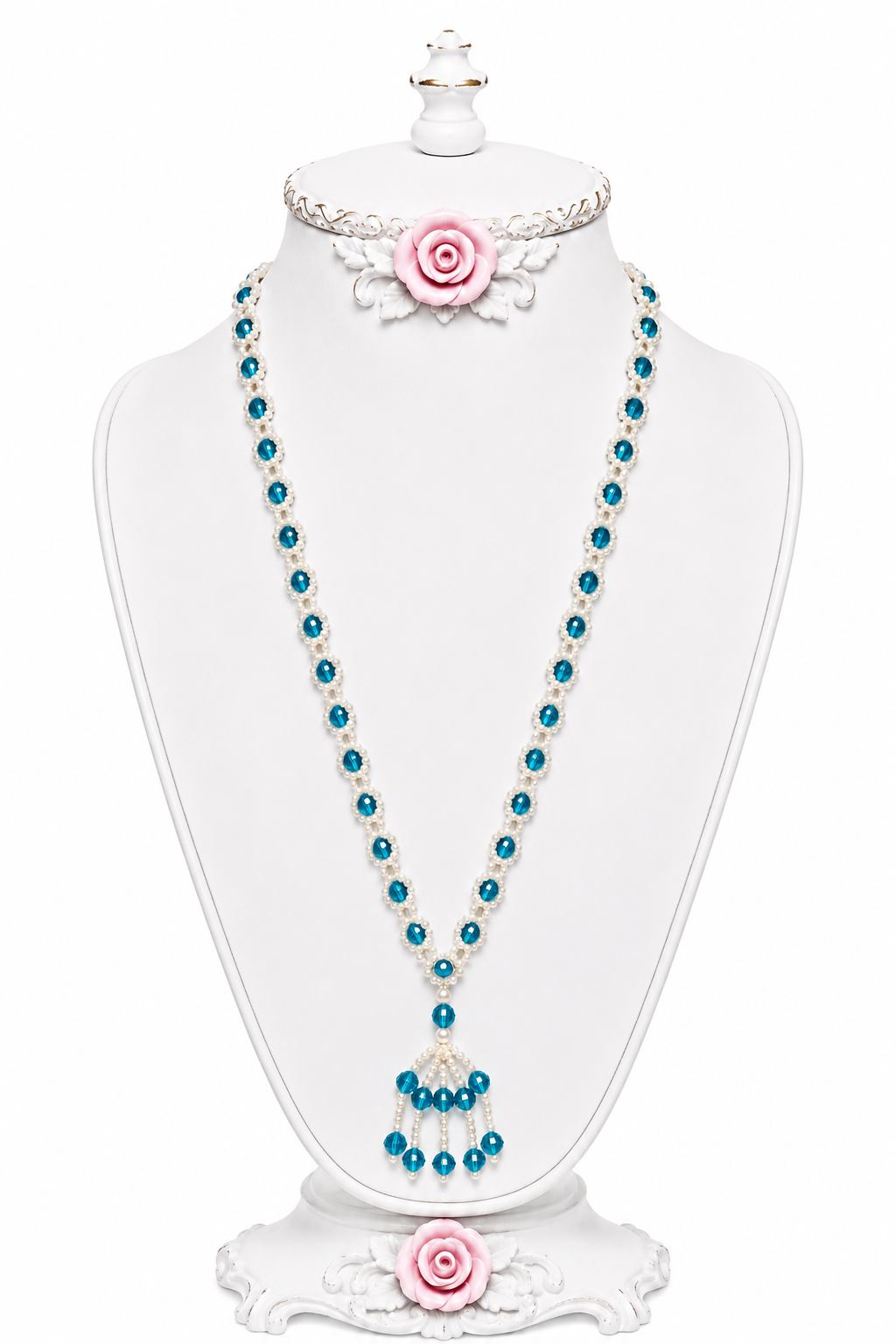 Vintage 1980s Aqua Blue Beaded Sautoir Tassel Necklace – Faux Pearl Art Deco Revival Flapper Necklace – 32”