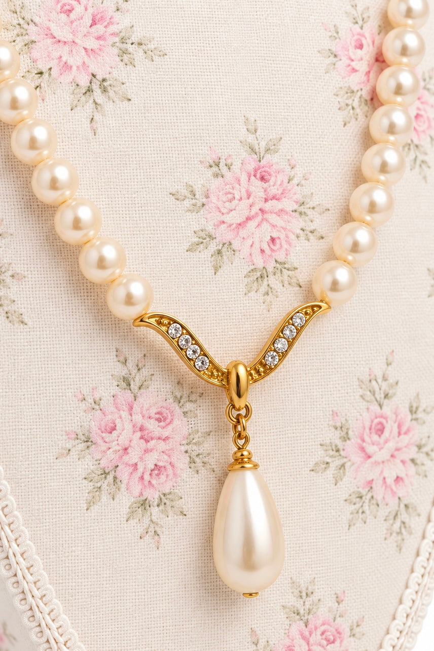 Vintage 1980s Ivory Faux Pearl Necklace with Gold-Tone Rhinestone Pendant | Elegant Teardrop Pearl Jewelry