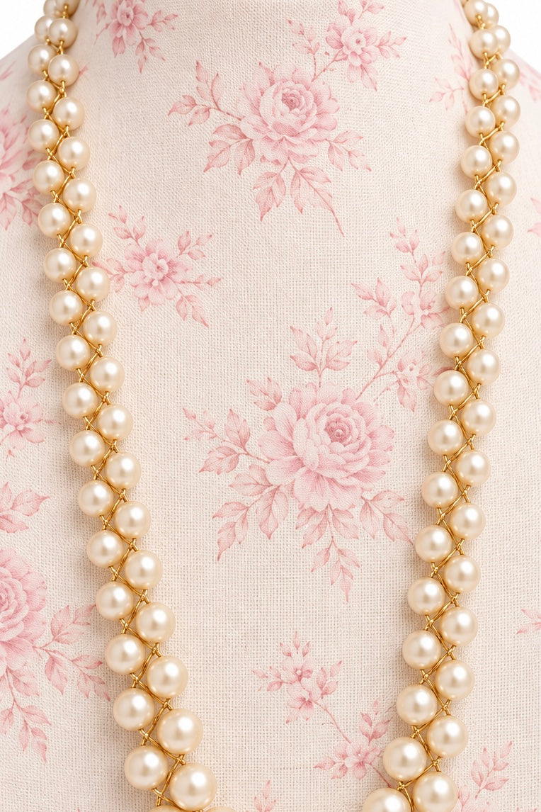 Vintage 1980s Ivory Faux Pearl & Gold-Tone Beaded Necklace | Elegant Long Statement Jewelry