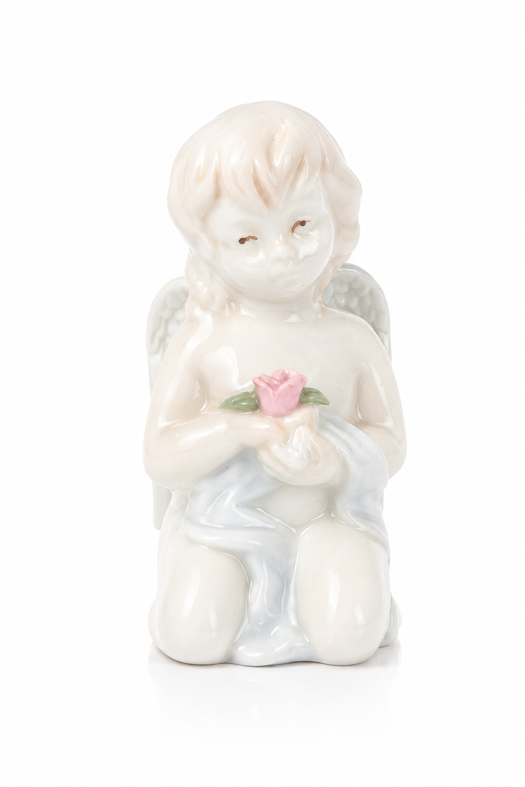 Vintage Porcelain Praying Angel Figurine with Pink Rose | Cherub Shelf Décor | Cottagecore & Shabby Chic Collectible