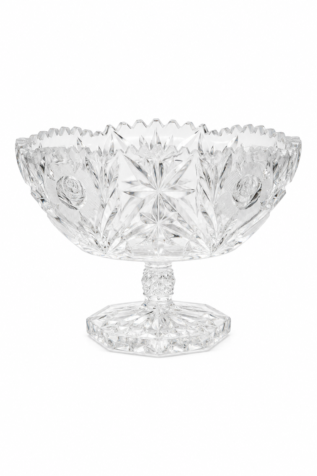 Vintage Etched Glass Footed Compote Bowl | Floral & Starburst Fruit Bowl | Pedestal Serving Dish | 10” x 6”