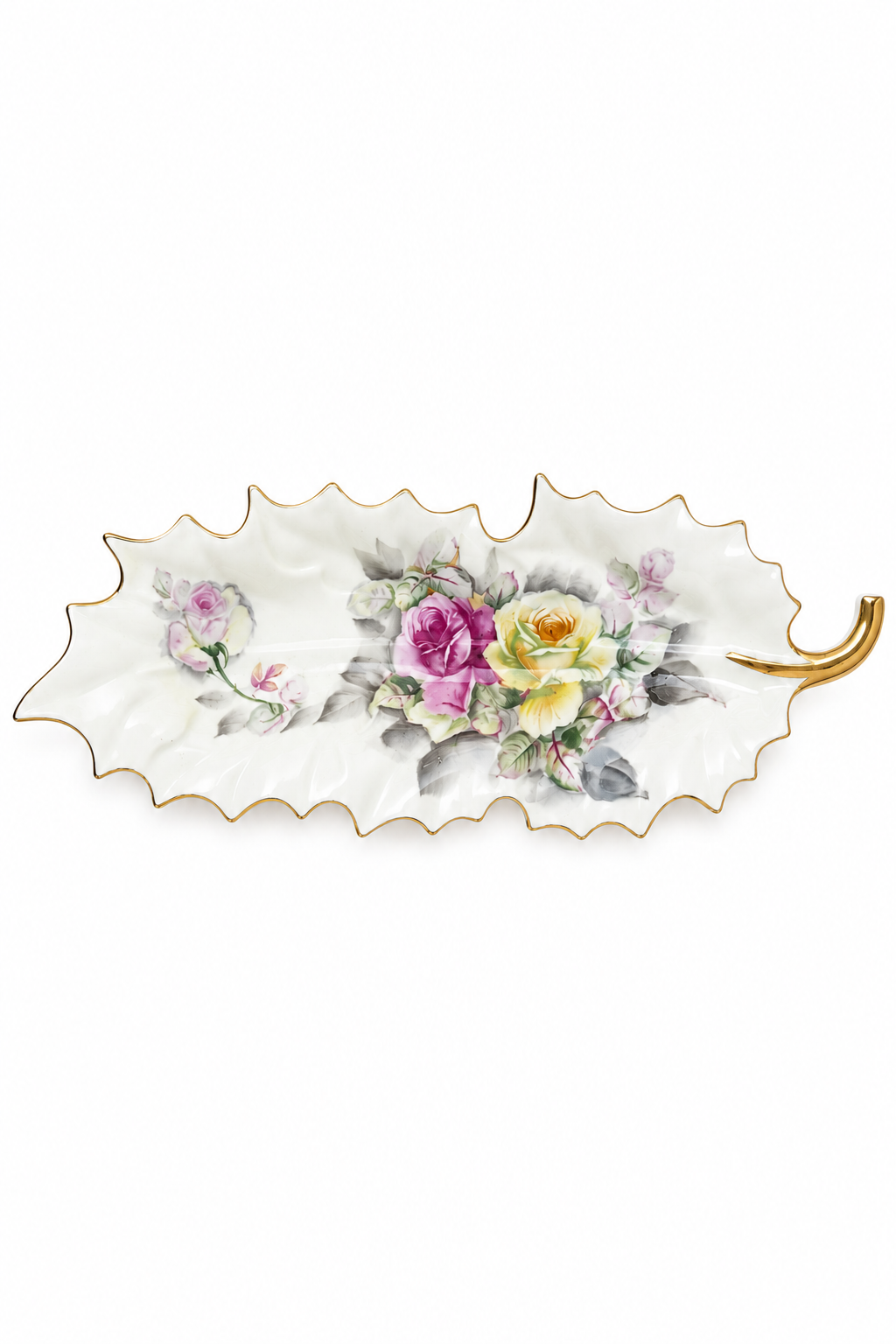 Vintage 1950s Arnart Creations Japan Porcelain Leaf Trinket Dish | Hand-Painted Roses | Gold Gilt
