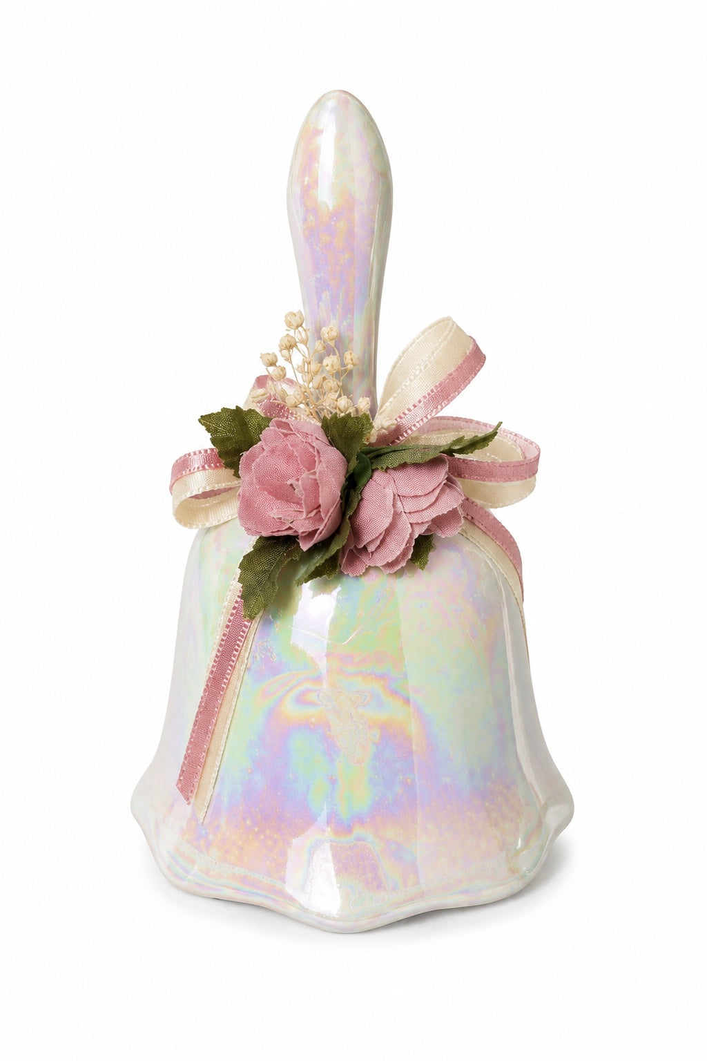 Vintage Iridescent Porcelain Bell with Pink Floral Ribbon | Cottagecore Decorative Bell