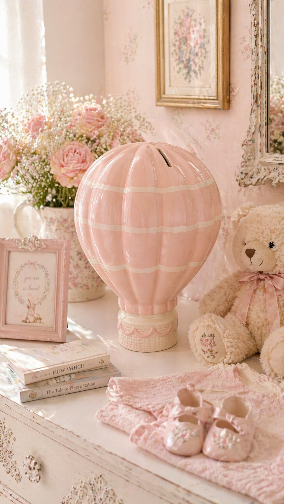 Vintage Pink Hot Air Balloon Piggy Bank | Nursery Decor Coin Bank