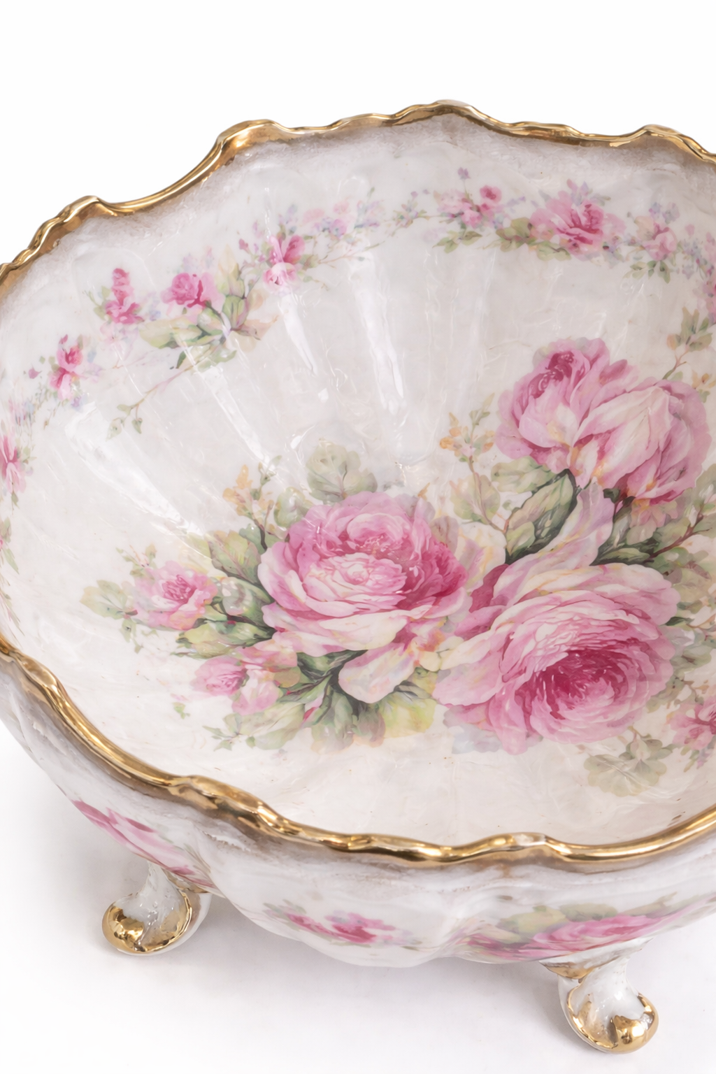 Antique 1891 Rose de Paris French Porcelain Bowl with Feet | Pink Floral, Gold Trim, 8.5” Pedestal Serving Bowl