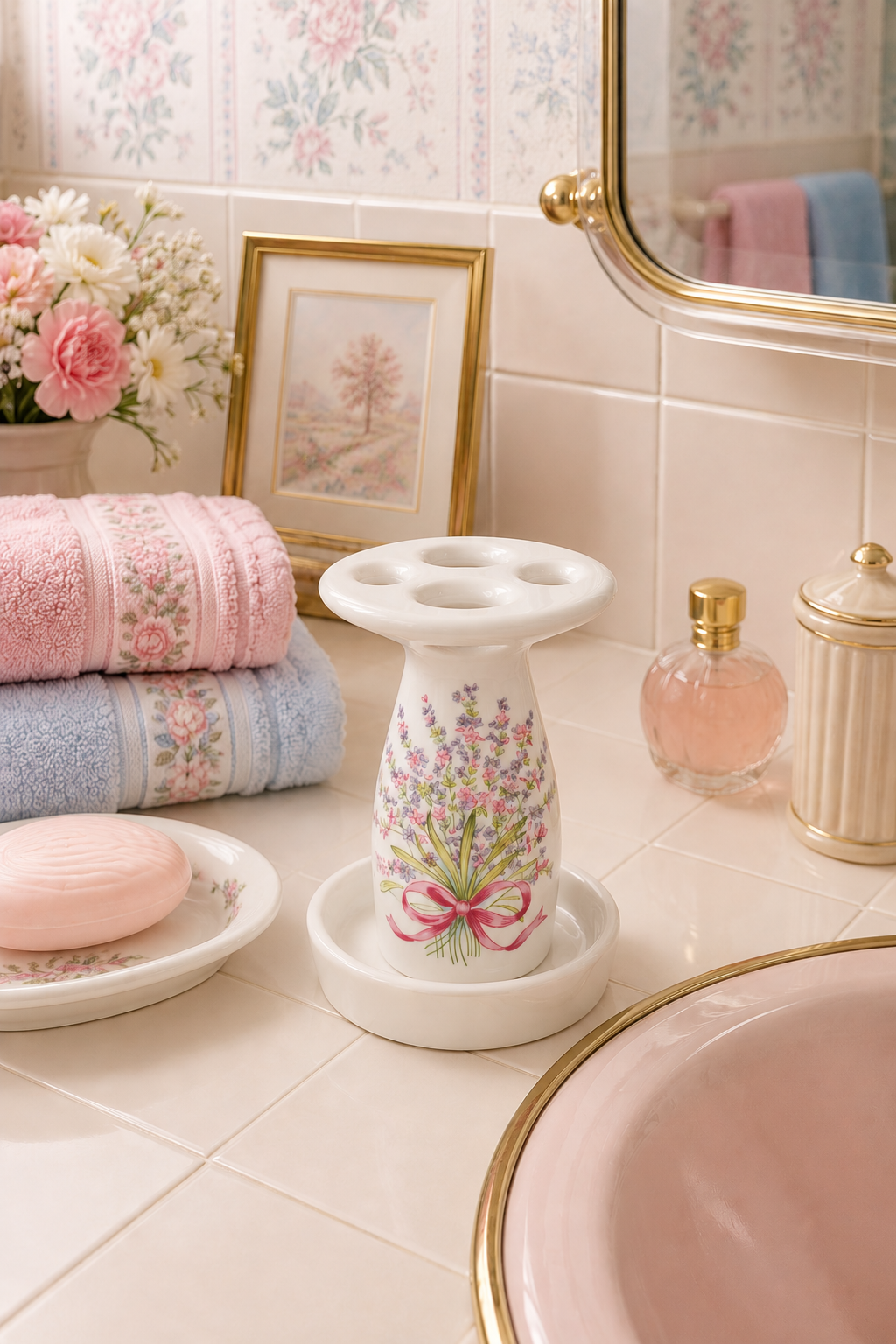 Vintage Floral Ceramic Toothbrush Holder | Cottagecore Bathroom Organizer | Pink & Lavender Wildflower Vanity Holder