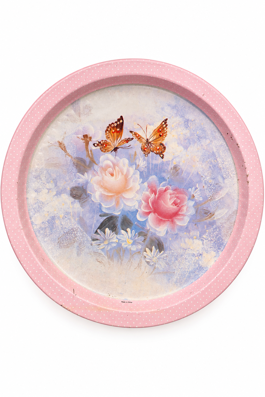 Vintage 1980s Shabby Chic Pink Polka Dot Floral & Butterfly Metal Tin Tray